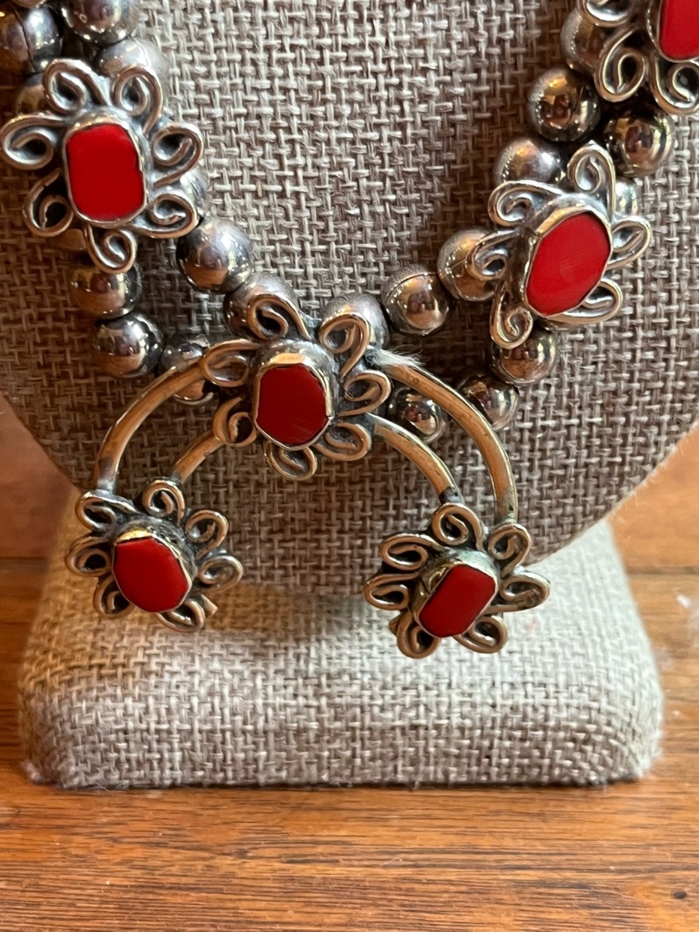 Sterling Silver Squash Blossom Necklace with Coral Stone Accents! - Picture 3 of 7